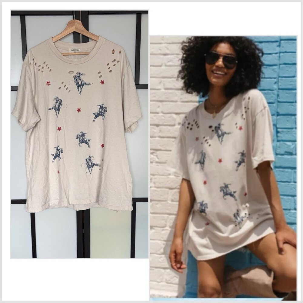 The Post Women’s Distressed Tee Cowboy Rodeo Size SMALL/MED Top USA boho Western